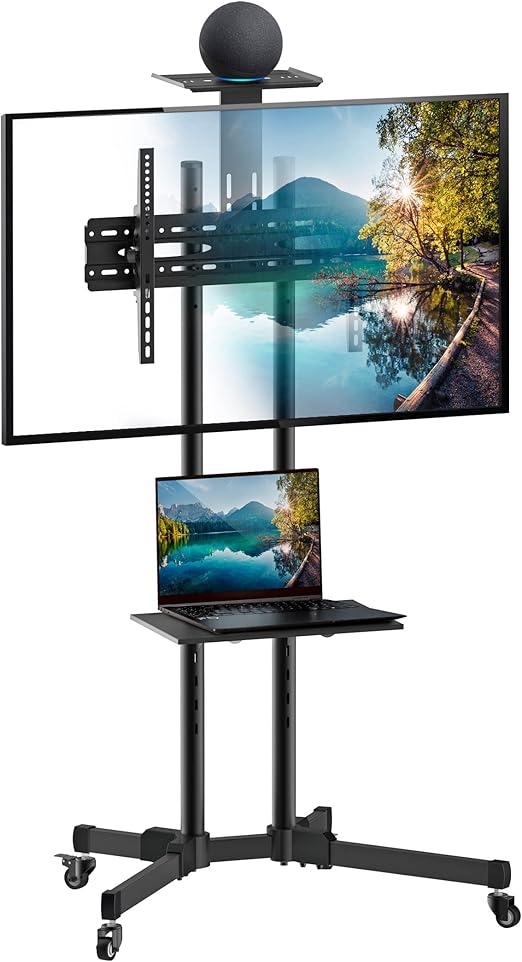 Mount-It! Mobile TV Cart for 37-70 Inch Screens, Height Adjustable Rolling TV Stand with Shelf & Locking Wheels, Portable TV Stand with Tilt, Fits VESA 200x200 to 600x400, Holds 110 lbs
