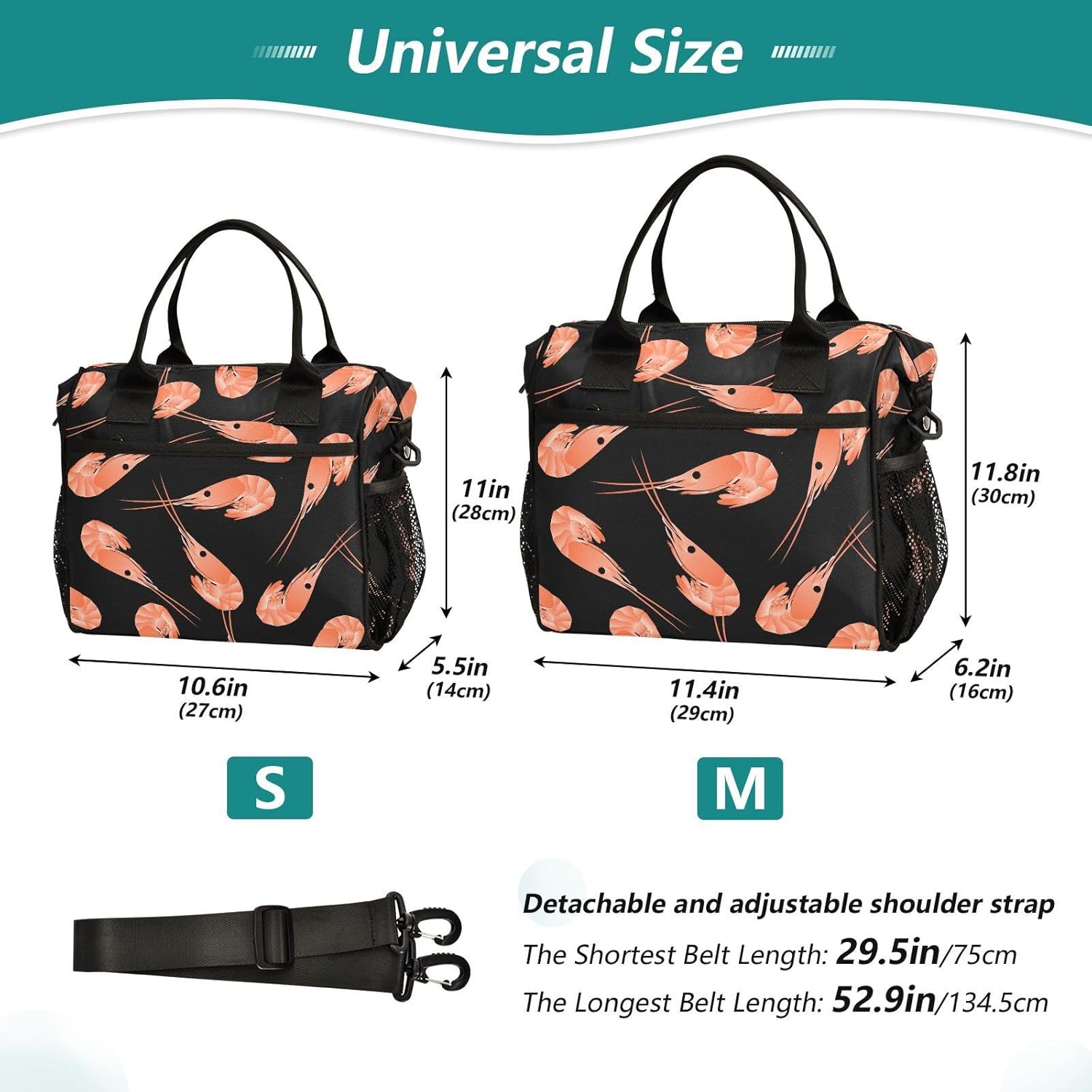 Shrimp Pattern Lunch Bag Reusable Lunch Box for Office Picnic Beach Hiking, Insulated Cooler Tote Food Container with Adjustable Shoulder Strap for Adults Men Women