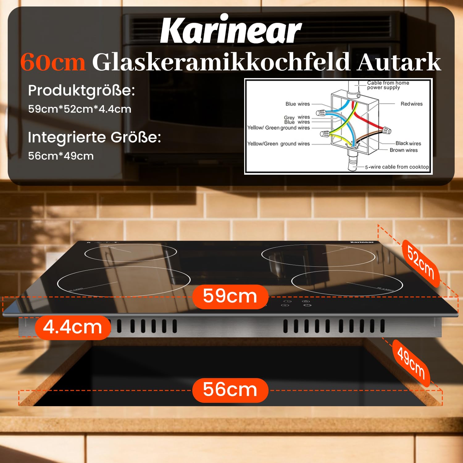Karinear Glaskeramikkochfeld 4 Platten 6000W 60 cm Touch-Steuerung Timer Sicherheitsverriegelung 240V