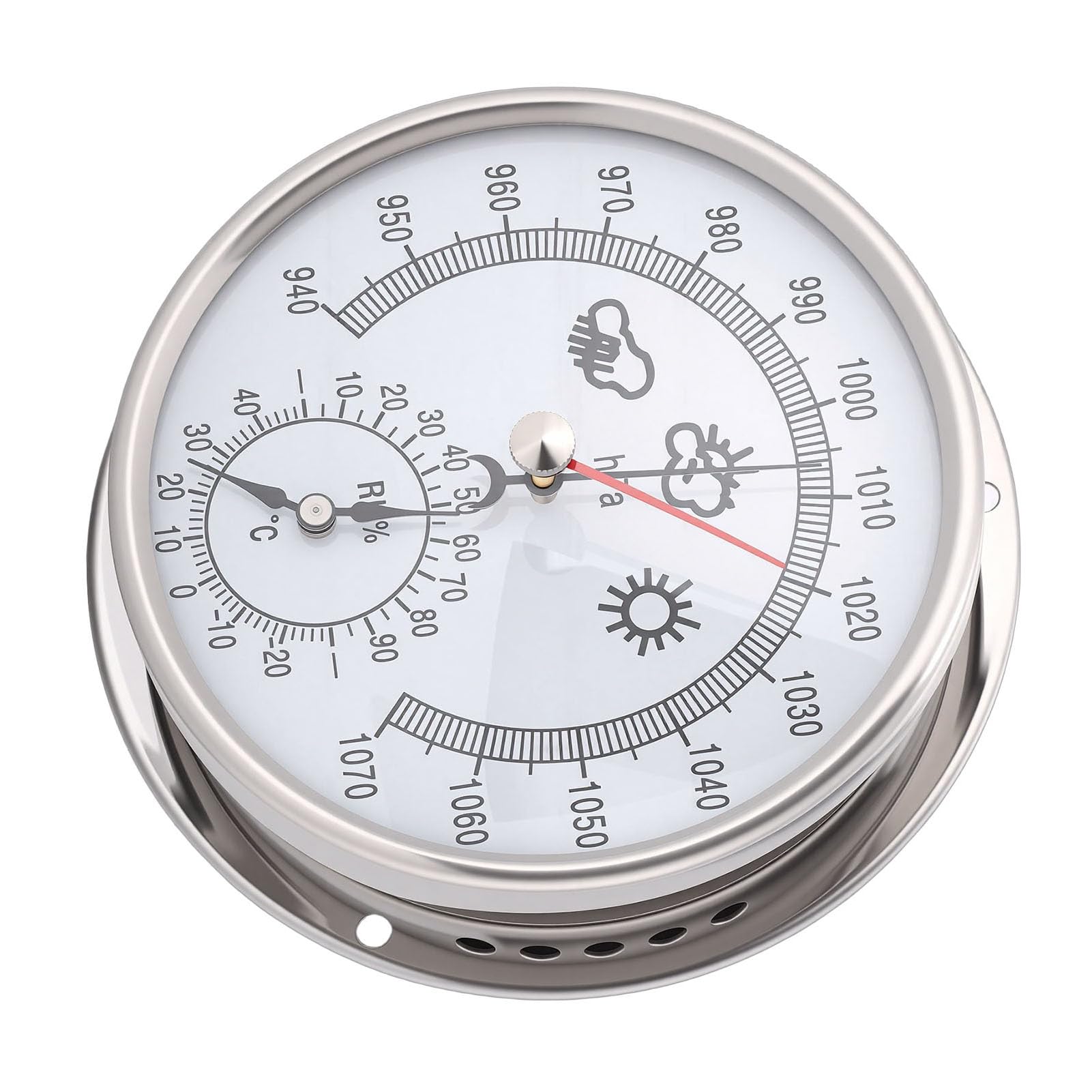 SIXRUN Stazione Meteorologica Igrometro Termometro Barometro in Acciaio Inossidabile Indicatore Meteorologico Analogico da 5,2 Pollici con Movimento Meccanico Quadrante Grande per Interni Ed Esterni