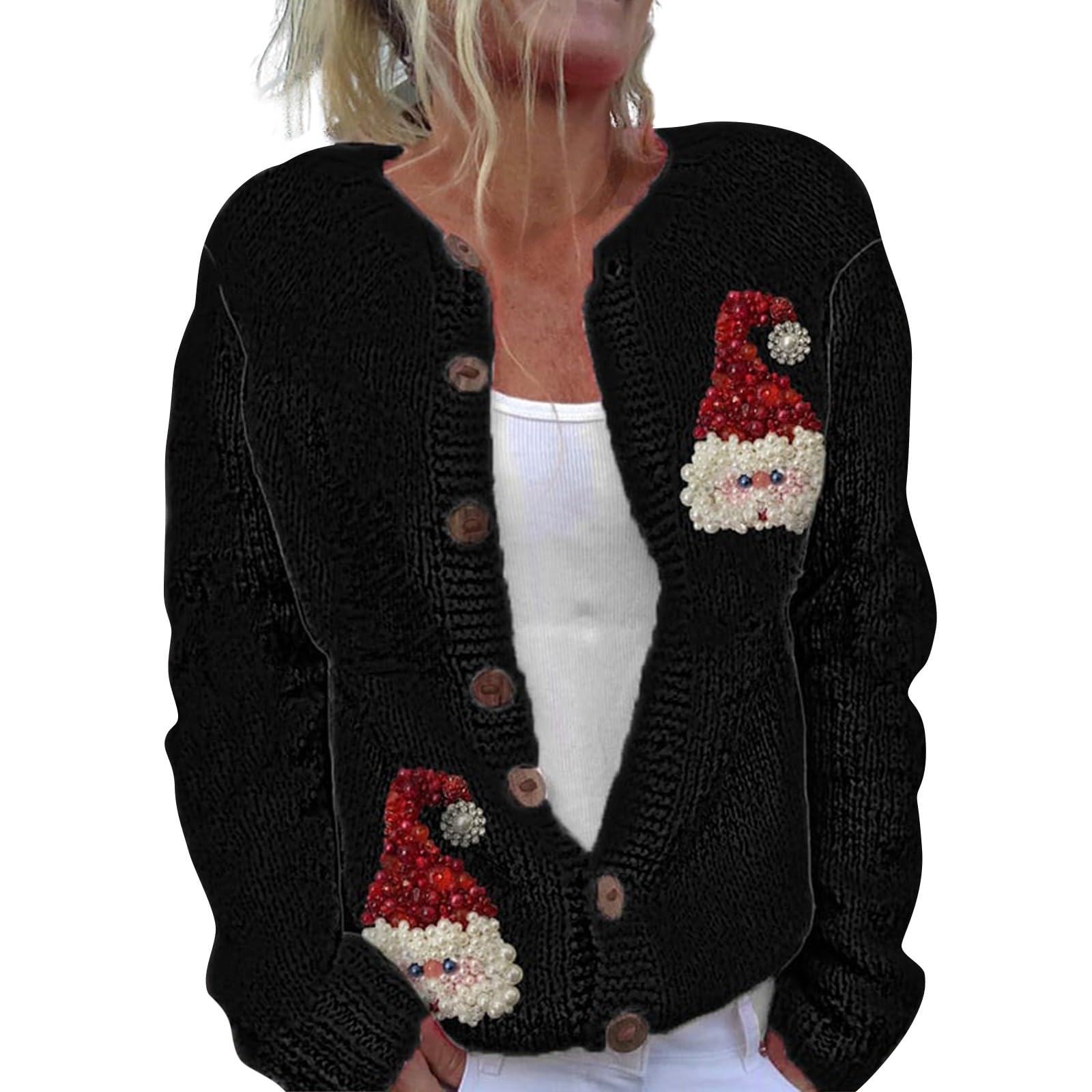 GenericUgly Christmas Sweaters for Women Cute Open Front Button Down Cardigan Sweater Fall Winter Knit Coat Xmas Outfits