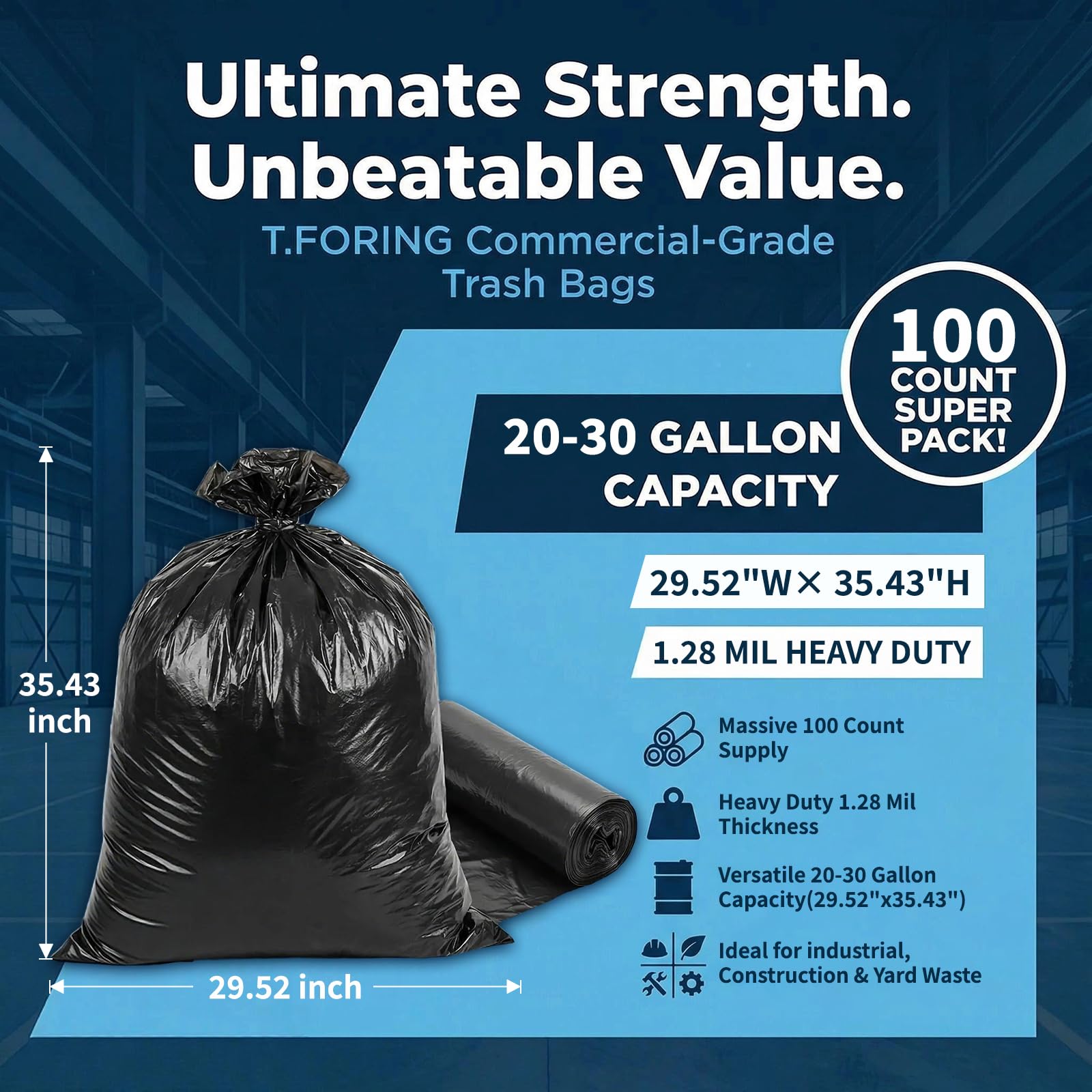 Bolsas de basura negras de 20 a 30 galones, 100 unidades, 1.28 mil de grosor, 30 x 35 pulgadas, bolsas de basura grandes de más de 20 galones, sin perfume, para cocina, hogar, comercial al