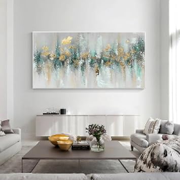 Baitang Gold Teal Green Textured Horizontal Abstract Painting On Canvas Living Bedroom Large Size Gold Wall Art Modern Home Decor 60x120cm Frameless