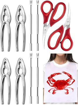 12pcs Crab Crackers and Picks Set of 4, including 4 Crab Crackers, 4 Crab Leg Picks and 2 Seafood Scissors & 2 Crab Bibs, Stainless Steel Lobster Crackers Seafood Eating Tools for Seafood Boil Party