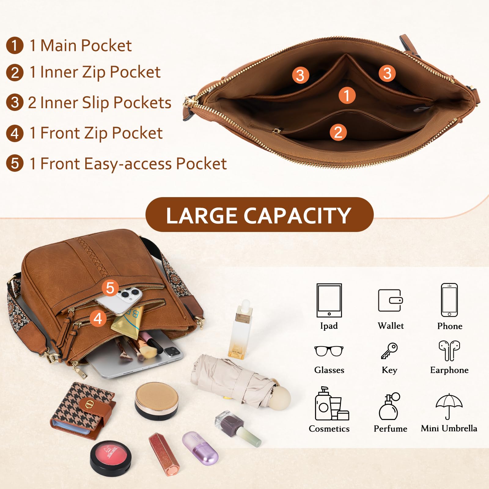 RAINSMORE Sac Bandoulière Femme Cuir PU Sacs Bandoulière avec Bretelle Amovible et Réglable Sacoche Femme Bandoulière avec Multi-poches