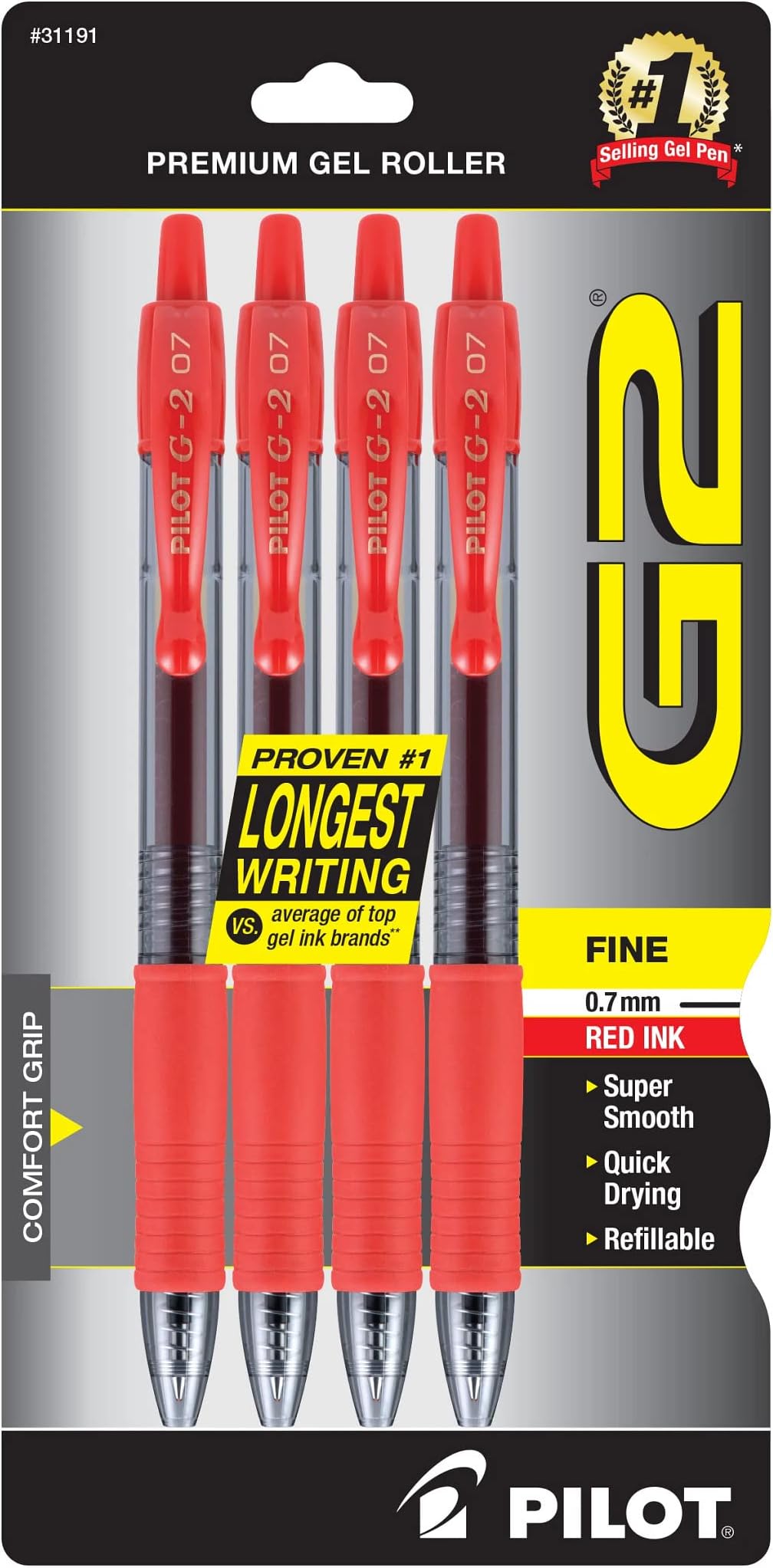 PILOT G2 Premium Refillable and Retractable Rolling Ball Gel Pens, Fine Point, Red Ink, 4-Pack (31191)