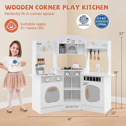 Miniatura 8 de HONEY JOY Juego de cocina esquinera, juego de cocina de juguete de madera para niños pequeños con luces, cafetera, microondas, fregadero, grifo,
