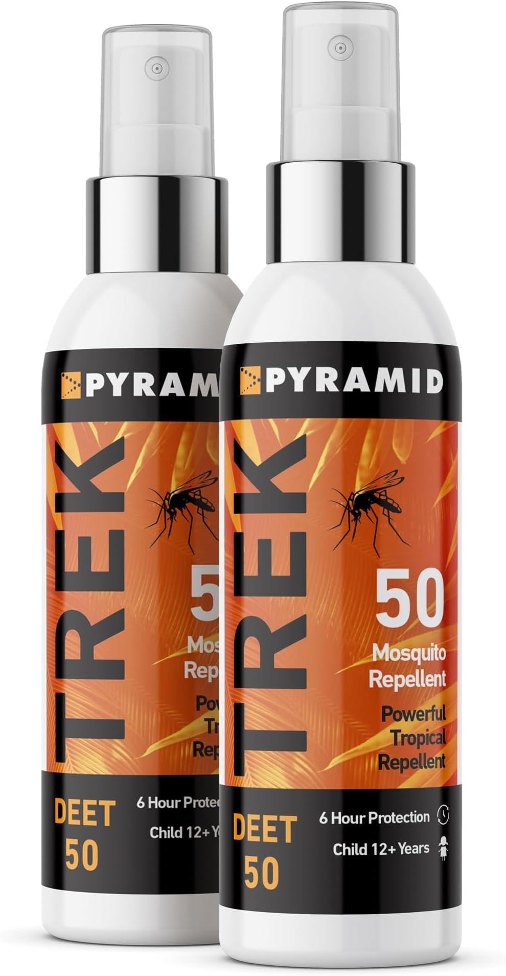 Pyramid Trek 50 Insect Repellent, 50% DEET Max Strength Mosquito Repellent, Up To 6hrs Protection. Unscented, Fast-Drying Spray For Travel, Trekking, Camping, Festivals. Suitable for Age 12+ (2x100ml)