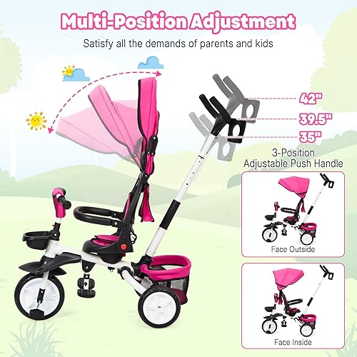 Miniatura 4 de Triciclo para bebé, bicicleta plegable 7 en 1 con mango de empuje ajustable extraíble, toldo, asiento giratorio, arnés de seguridad, portavasos y