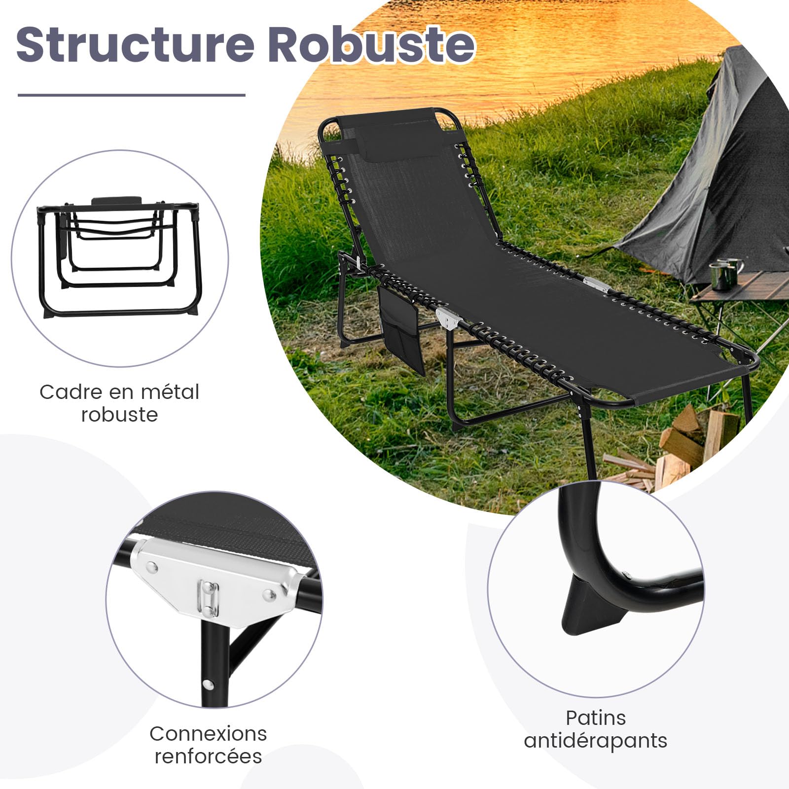 GYMAX Transat Extérieur pour Jardin, Chaise Longue Pliante avec Dossier et Repose-Pieds Réglables, Oreiller Amovible, Poche, pour Bain de Soleil, pour Piscine, Plage, Camping (Noir)