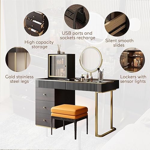 Miniatura 6 de POVISON Escritorio de maquillaje con espejo y luces, tocador con taburete y estación de carga, 5 cajones de mediados de siglo, moderno escritorio de