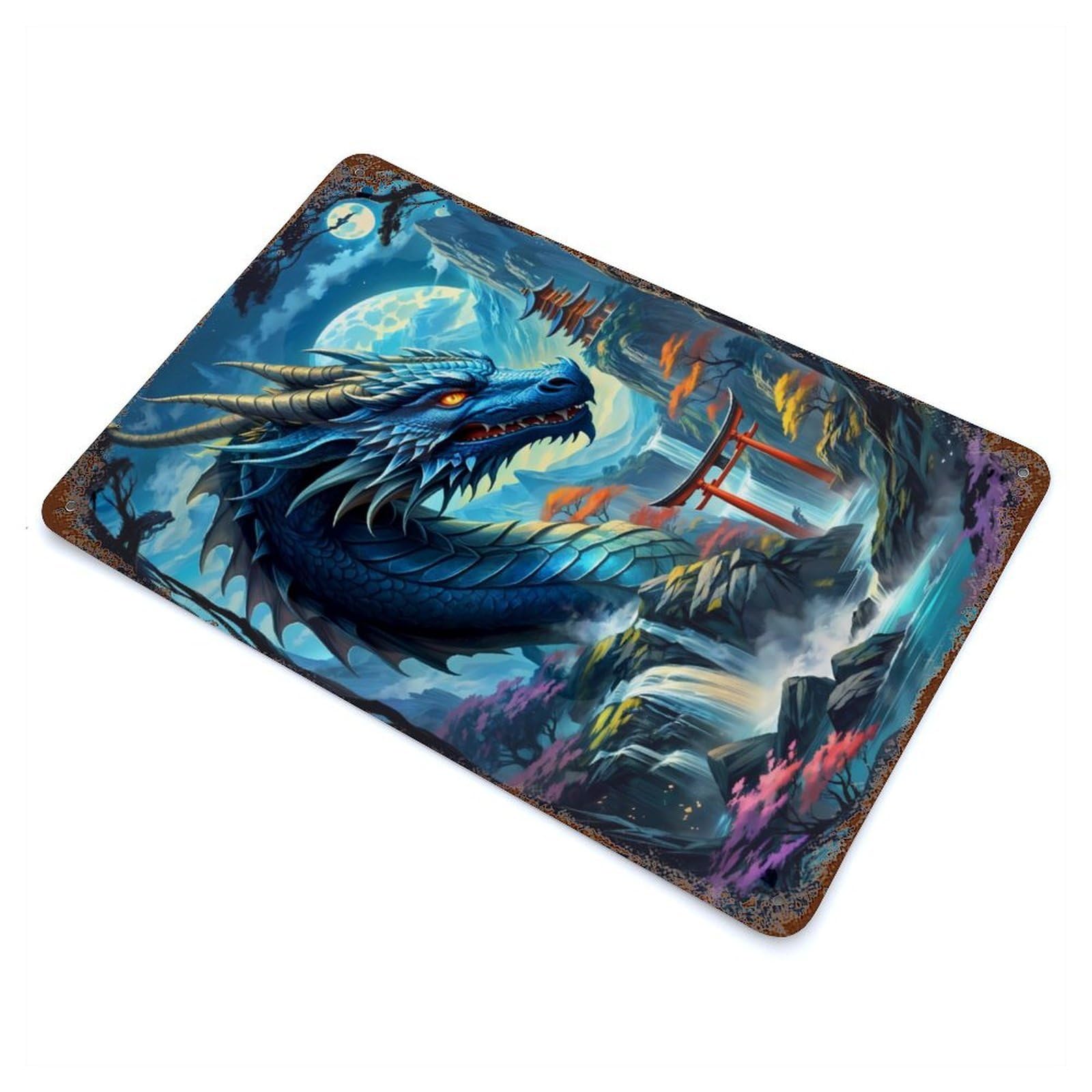 Dragon Silhouette Torii Aged Metal Wall Plaque 11.8"x7.9", Ideal for Garage, Bar And Workshop Decor