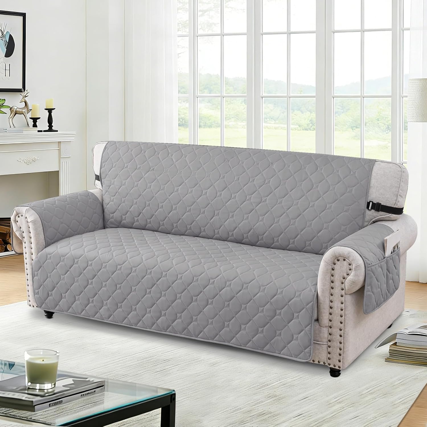 100% Waterproof Loveseat Covers for 2 Cushion Couch, Sofa Covers for Pets Washable with Side Pockets Elastic Straps, Non Slip Couch Covers for Dogs, Dog Couch Cover (Loveseat, Light Grey)