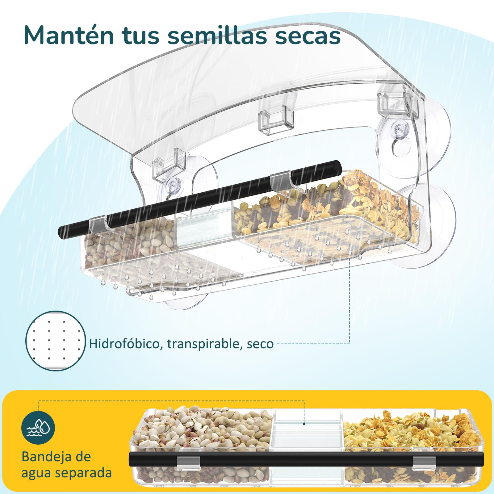 MrCrafts Comedero para Pájaros de Ventana Grande, 26x14x5.5 cm - Window Bird Feeder - Comedero Transparente para Ventana de Exterior para Aves Silvestres - Regalo Original — view 7