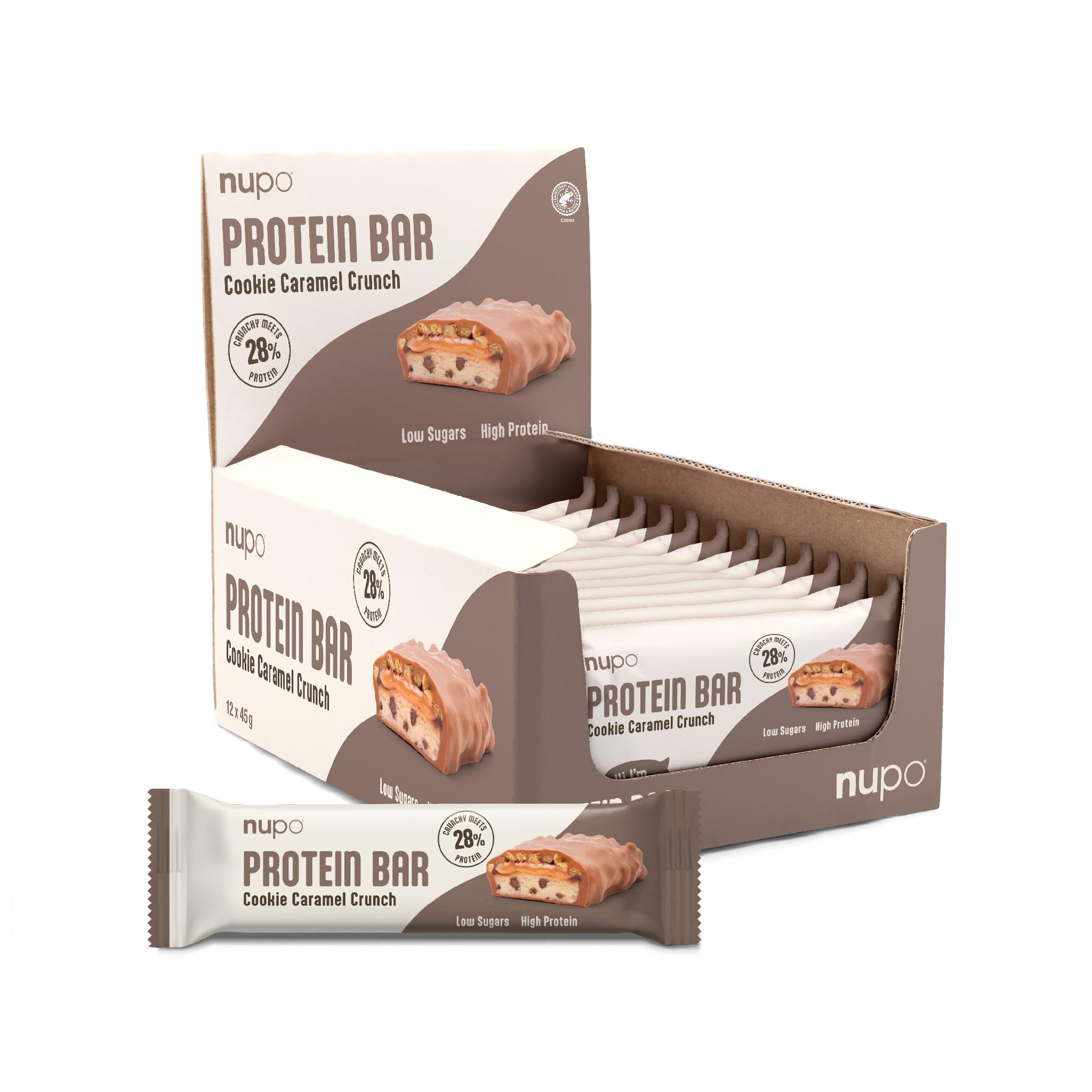 Nupo Proteinriegel Cookie Caramel Crunch | 13 g Protein pro Riegel | Wenig Zucker | Glutenfrei | 45 g x 12 Pack | Eiweißriegel