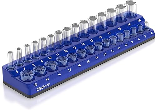 Olsa Tools Portadados magnético, para dados métricos con cuadros de mando de 38 de pulgada, color azul, caben 30 dados, organizador de herramientas