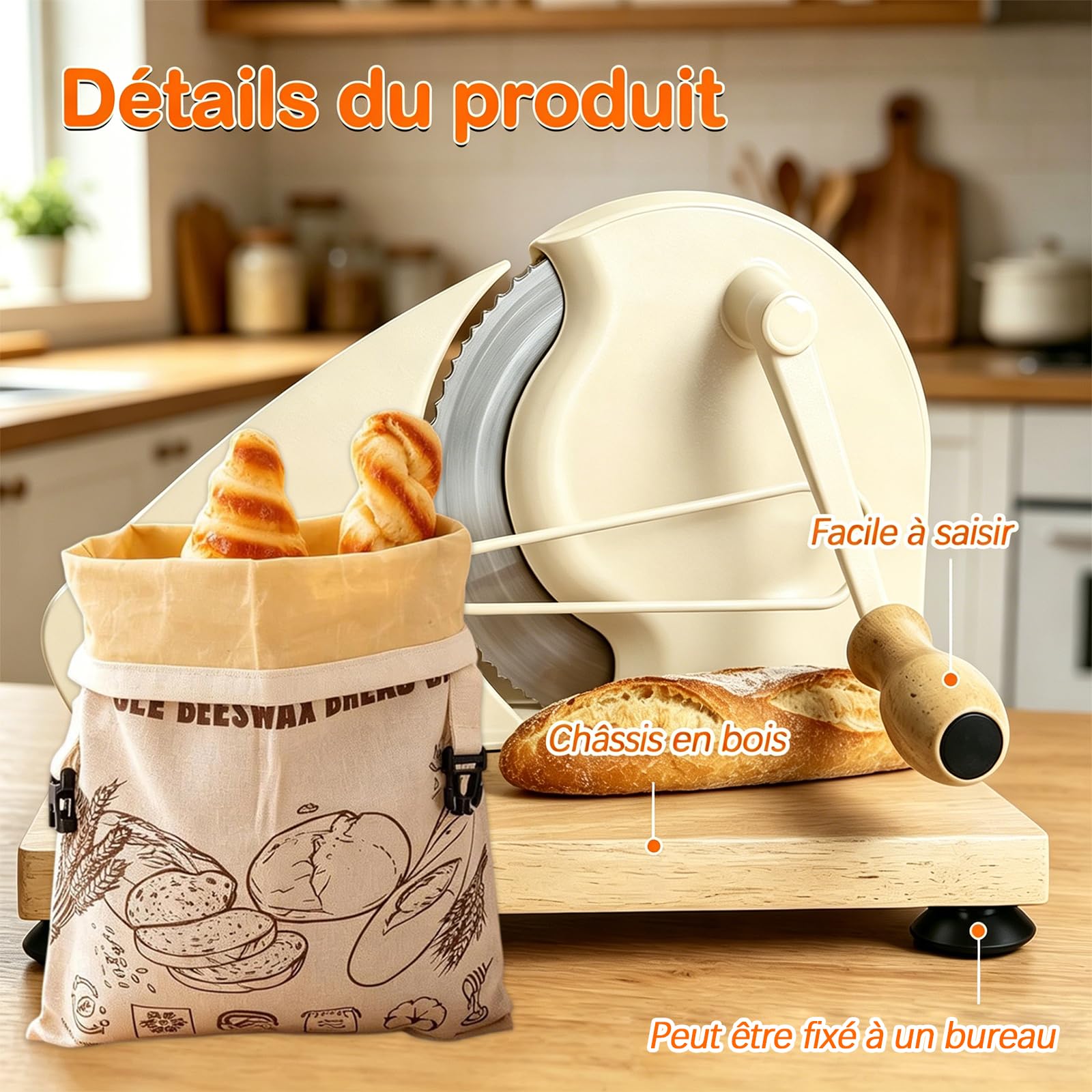 Trancheuse à Pain Manuelle Réglable 0-23mm, Coupe Pain avec Lame Ondulée en Acier Inox, Machine à Bread avec Sac Beeswax Réutilisable, Couteau de Cuisine Stable Antidérapant & Commercial Use