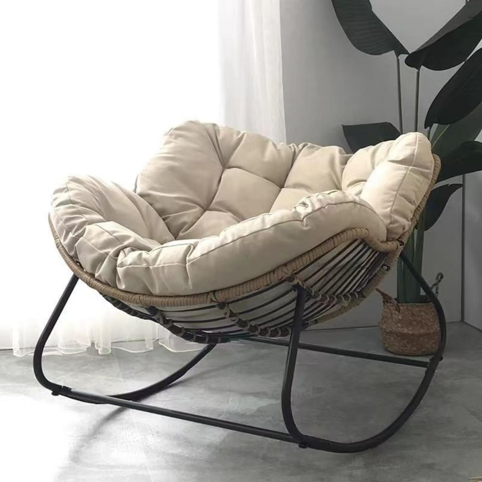 Sedia a dondolo da esterno Papasan con cuscino imbottito, oversize in rattan di vimini per interni, uovo in metallo, grandi supporti