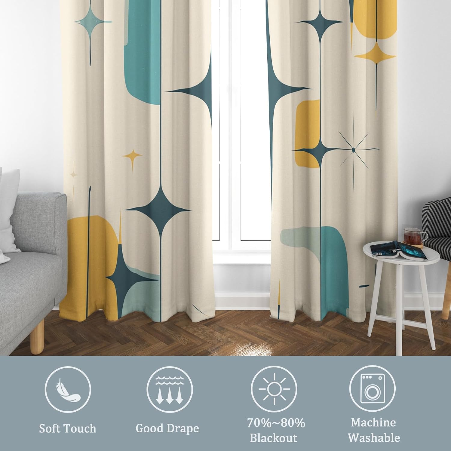 Mid Century Curtains for Bedroom Decor, 72 Inches Long, Retro Stars Pattern Design Blackout Drapes, Vintage Abstract Curtains for Living Room, 2 Panels Set