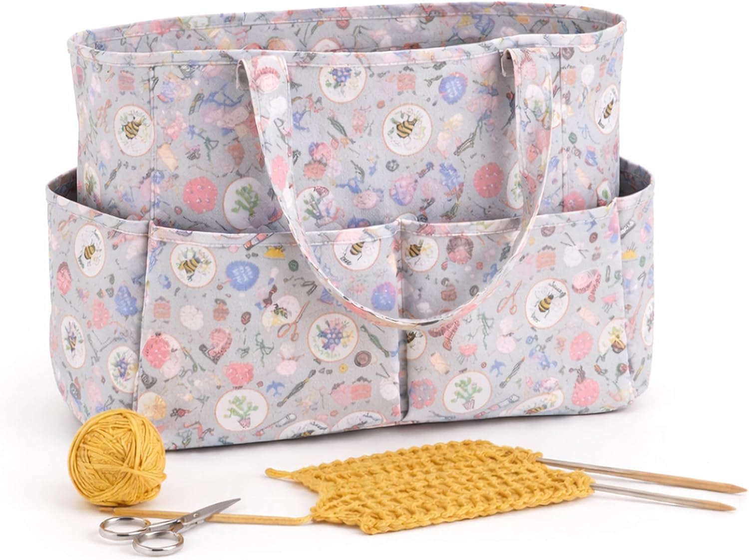 Hobby Gift Craft Storage Bag with Zip Top PVC Coated Cotton Tote with Multiple Pockets for Knitting Sewing Crochet and Craft Projects