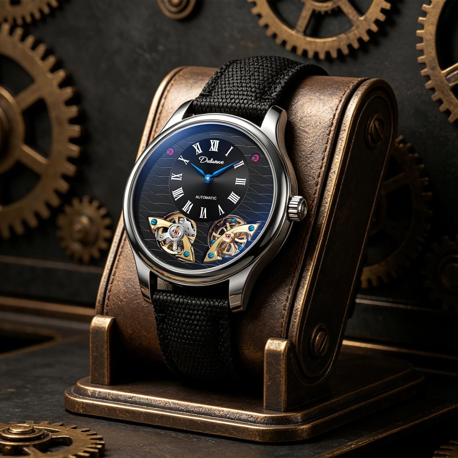 Men's Watches 43MM Skeletonized Double Tourbillon Mechanical Movement, Automatic Winding, Vintage Roman Numeral Dial With Fish Scale Pattern, Paired With Stainless Steel And Fluoroelastomer Straps