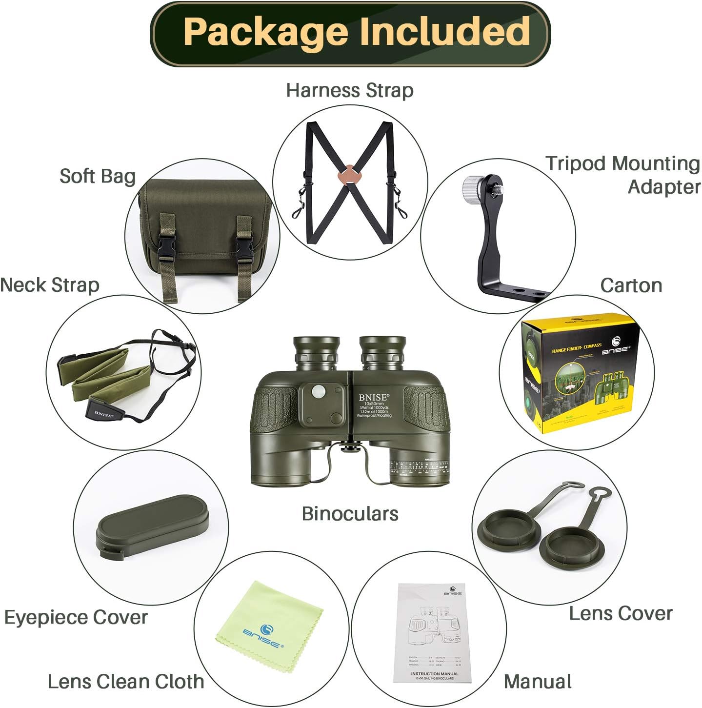 Hоt Dеаlѕ BNISE Binoculars 10x50 Large Object Lens BAK4 Large View, for Long Distance Compact Binoculars for Adults with Rangefinder Compass, for Birdwatching, Hunting, with Harness Strap and Neck Strap