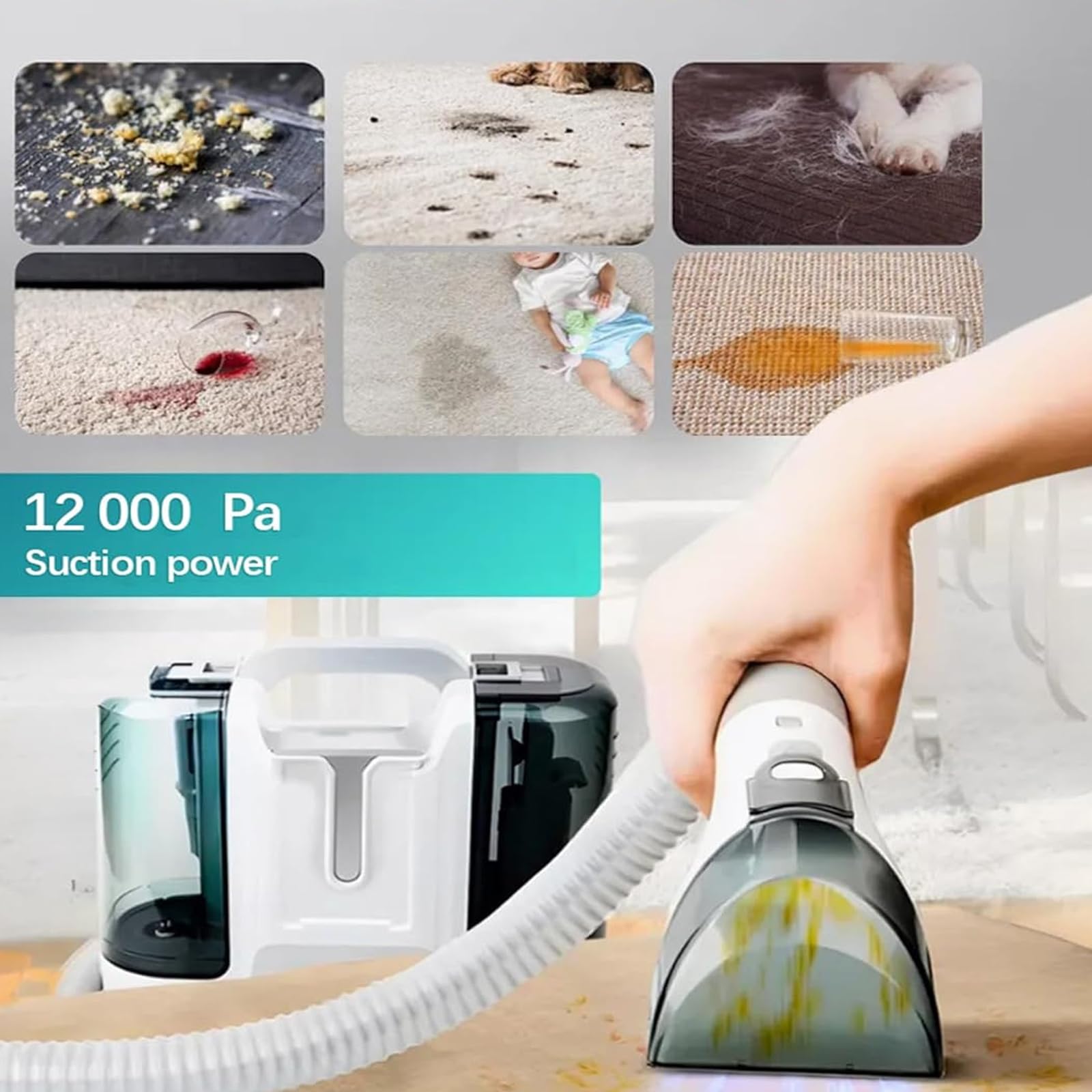 Nettoyeur d'ameublement 12000 Pa Aspiration, 450 W – Idéal pour les taches de voiture, canapé, tapis et animaux domestiques avec 6 buses pour les zones difficiles d'accès, outil de nettoyage essentiel