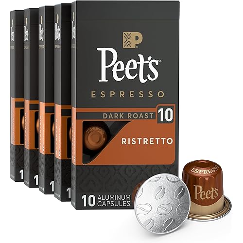 Peet's Coffee, Dark Roast Espresso Capsules, Compatible with Nespresso Original Machine - Ristretto Intensity 10, 50 Count (5 Boxes of 10 Espresso Capsules)