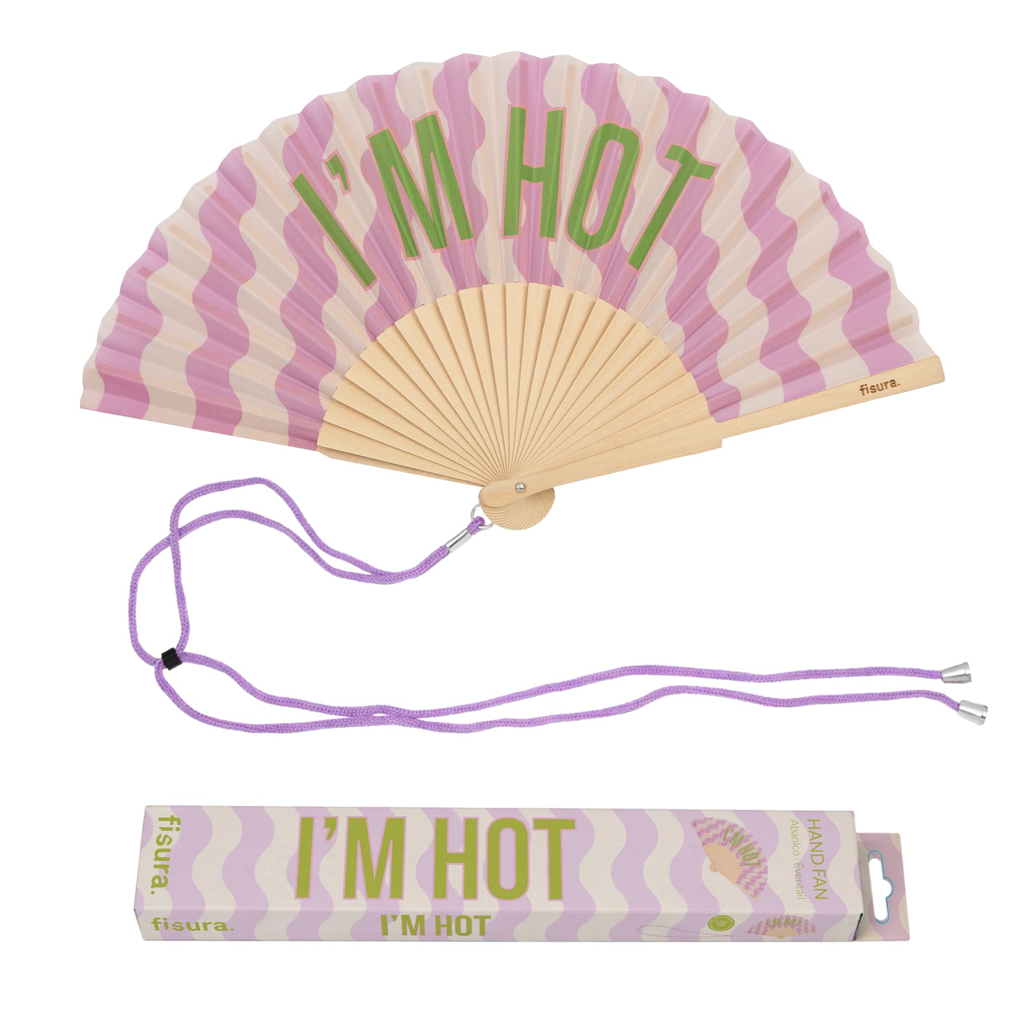 Fisura I'm H*T, Purle Waves – Original “I’m H*T” Message Folding Fan, Modern And Colourful Folding Handheld Fan, Lilac Wave Design For Wedding, Rave, Festival - Includes Strap. Size: 42.5 X 23 Cm
