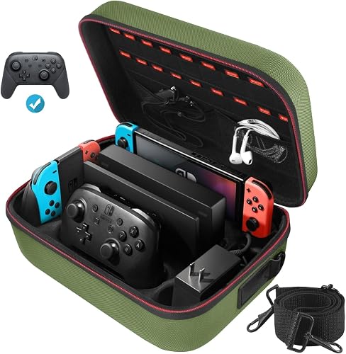 COOWPS Switch Case for Nintendo Switch and Switch OLED Model, Portable Full Protection Carrying Travel Bag with 18 Game Cards Storage for Switch Console Pro Controller Accessories Green