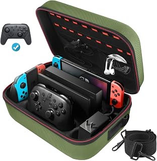 COOWPS Switch Case for Nintendo Switch and Switch OLED Model, Portable Full Protection Carrying Travel Bag with 18 Game Cards Storage for Switch Console Pro Controller Accessories Green