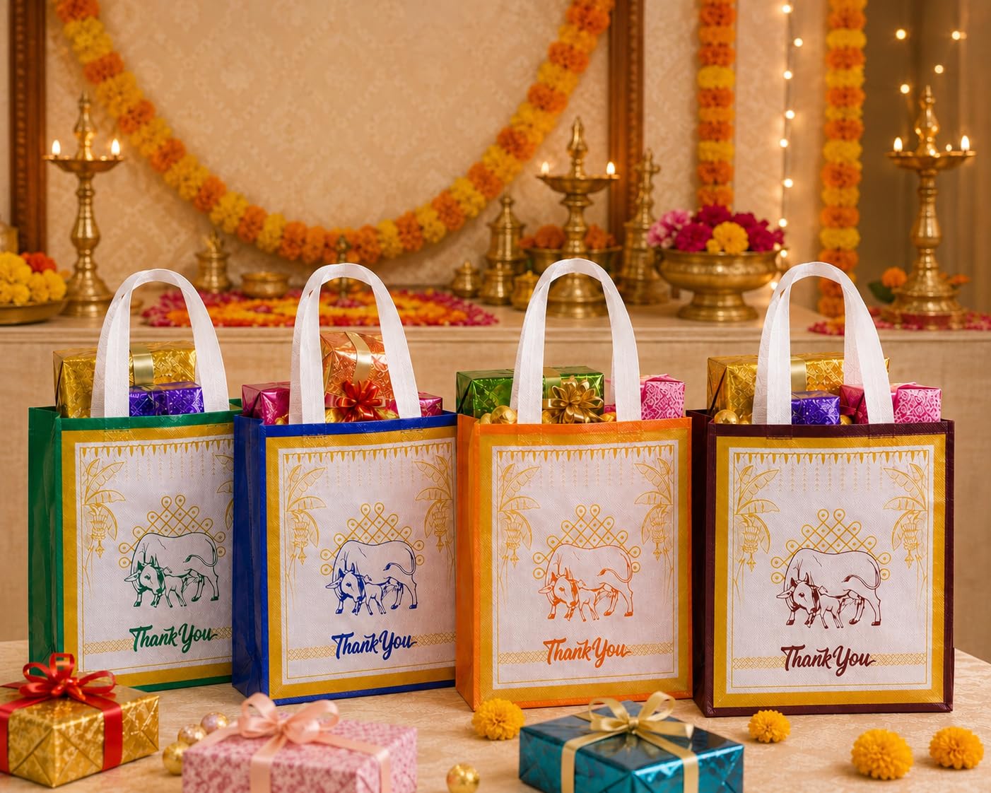 Anbali- Pack of 10 Jute gift bags | Ecofriendly return gift bag | Gifting bags for wedding, Housewarming and babyshower | Thamboolam bags for women (Cow & Kolam Design)-image-5