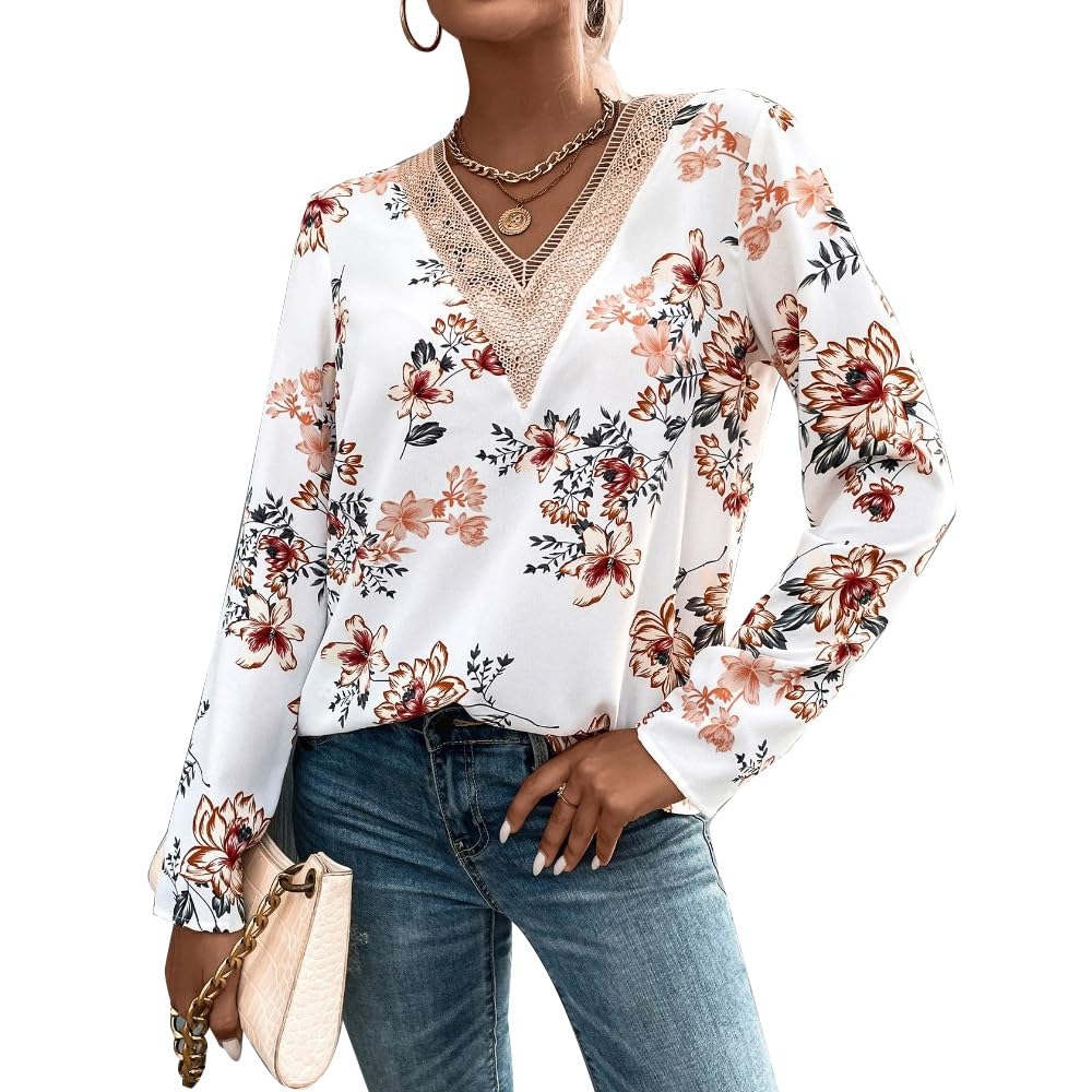 BKEPDY Blusas de Mujer Elegantes Camisa de Manga Larga con Cuello en V para Mujer Top Casual Flor Machacada Camisetas Mujer Blusas de Oficina