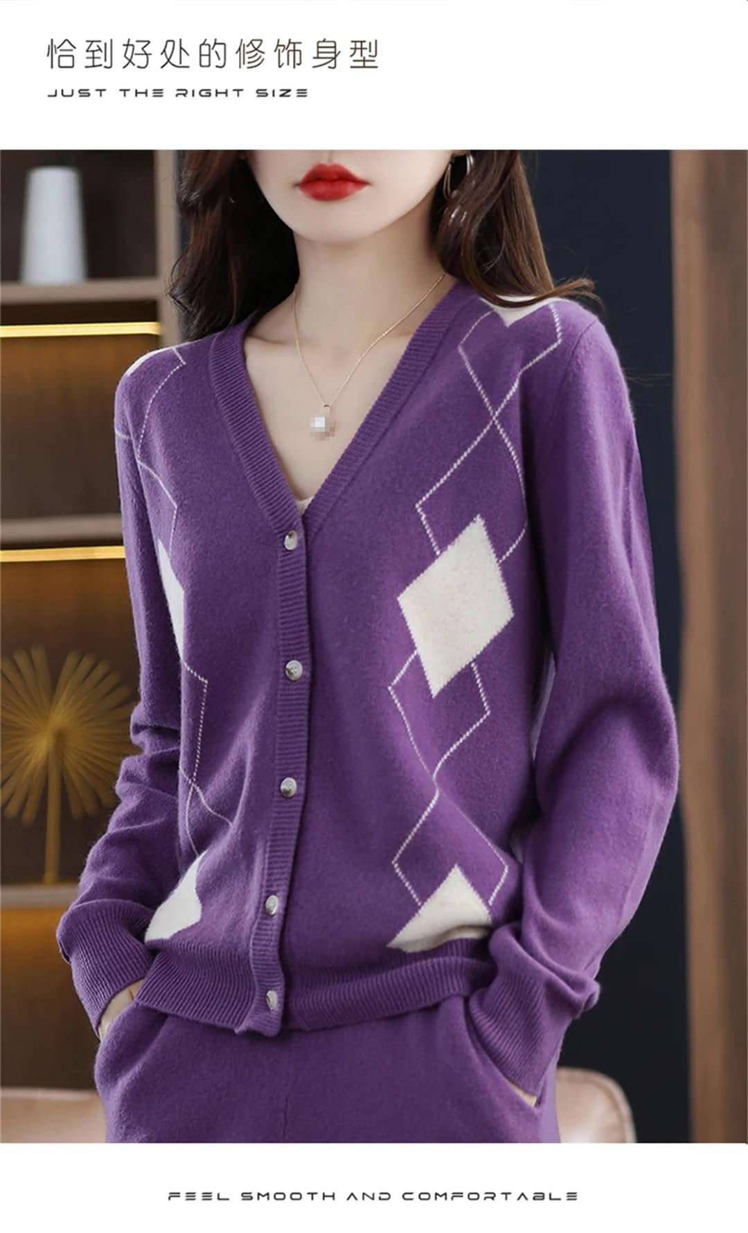 Maglione da donna in lana con scollo a V, lavorato a maglia, per autunno e inverno