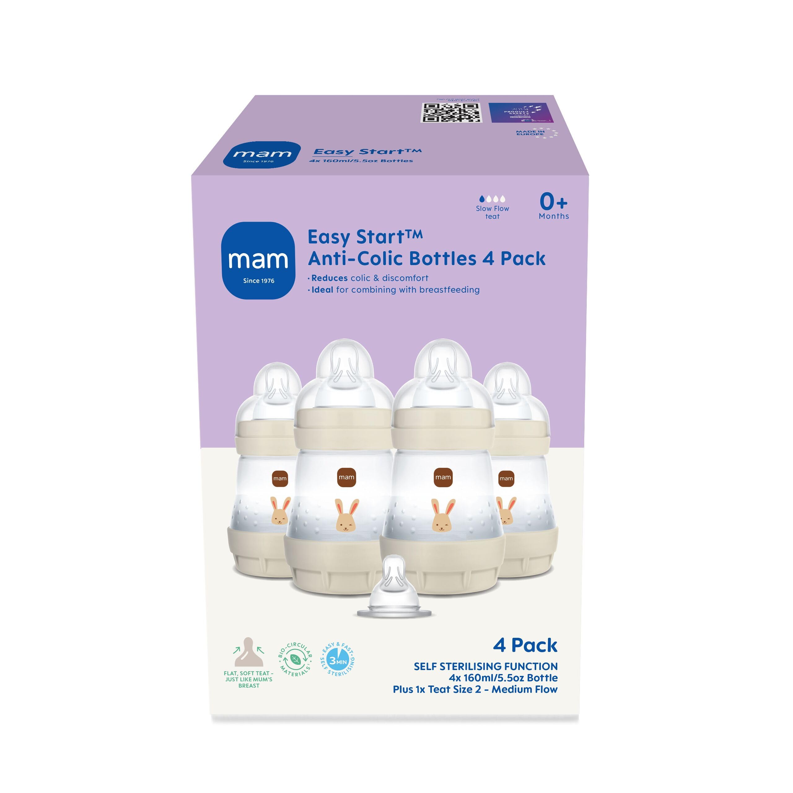 MAM Easy Start Anti-Colic Baby Bottles | 4 Pack (4X 160ml) | Self-Sterilising Baby Milk Bottle | Slow Flow MAM Teats Size 1 + 1x Medium Flow Teat Size 2 | Linen (Various Designs) — view 2