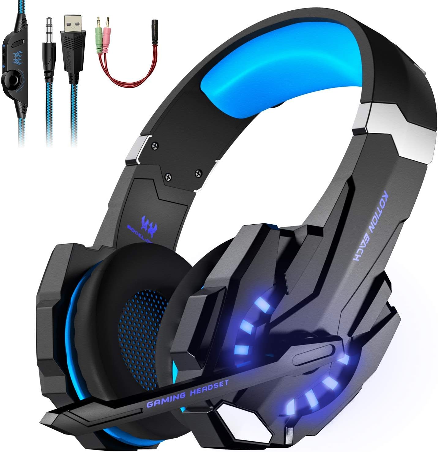 Xbox one Headset, Tsing Gaming Headset Professional 3.5mm G9000 Headphone for PS4, PC, Xbox One Controller, Noise Cancelling Over Ear Headphones with Mic, LED Light, Bass Surround, Soft Memory Earmuffs(Blue)