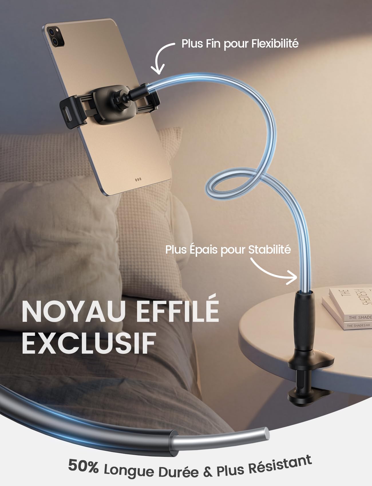 Lamicall Support Tablette avec Col de Cygne – [Design Conique - Base Stable, Bras Flexible] 85cm Support iPad pour Lit & Table, 360° Rotation, pour iPad Pro/Air/Mini, Kindle, Autres Appareils 4,7-13"
