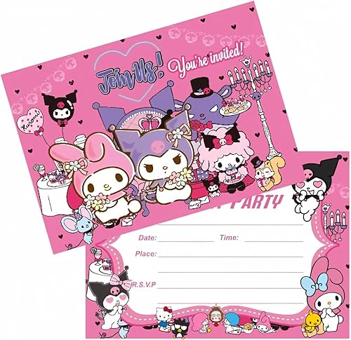 SUTRADHAR 24 invitaciones de cumpleaños kuromi y melodía, invitaciones de fiesta de cumpleaños y melodía, suministros de decoración (invitaciones 24)