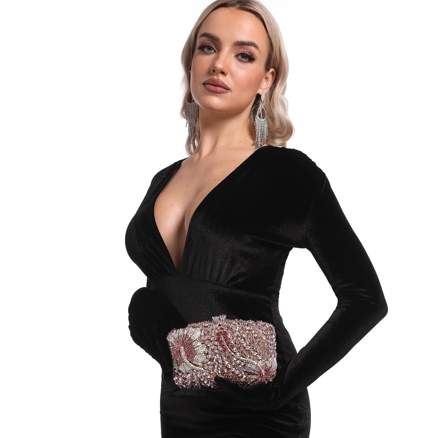 Boutique De FGG Bolsos de noche de flores para fiesta formal, bolsos de mano de cristal floral, bolsos de mano para novia, boda, diamantes de imitación, mini