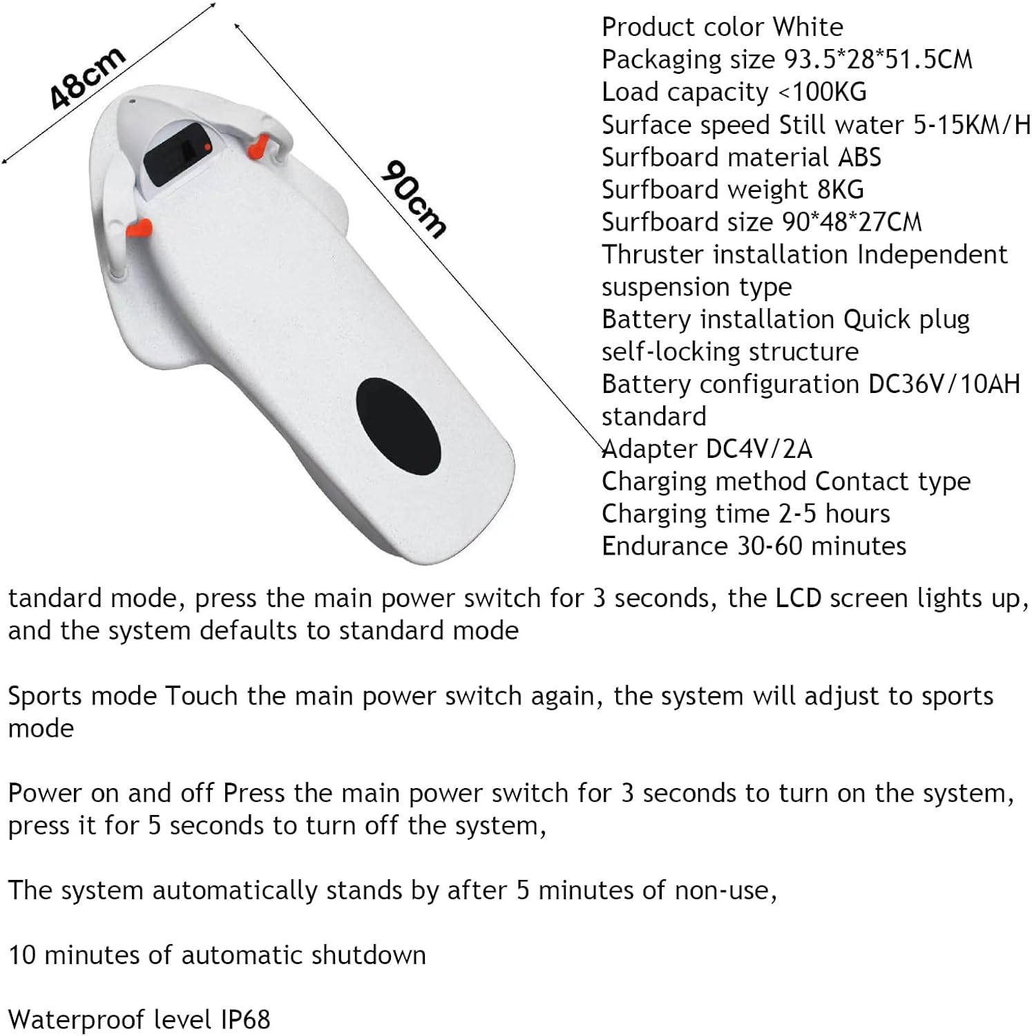 Electric Surfboard(36v 3200w), Adult Underwater Scooter Sea Scooter, 6500rpm, 4 Speed Levels, Intelligent Control(Automatic Detection/ Protection), Led Battery Indicator