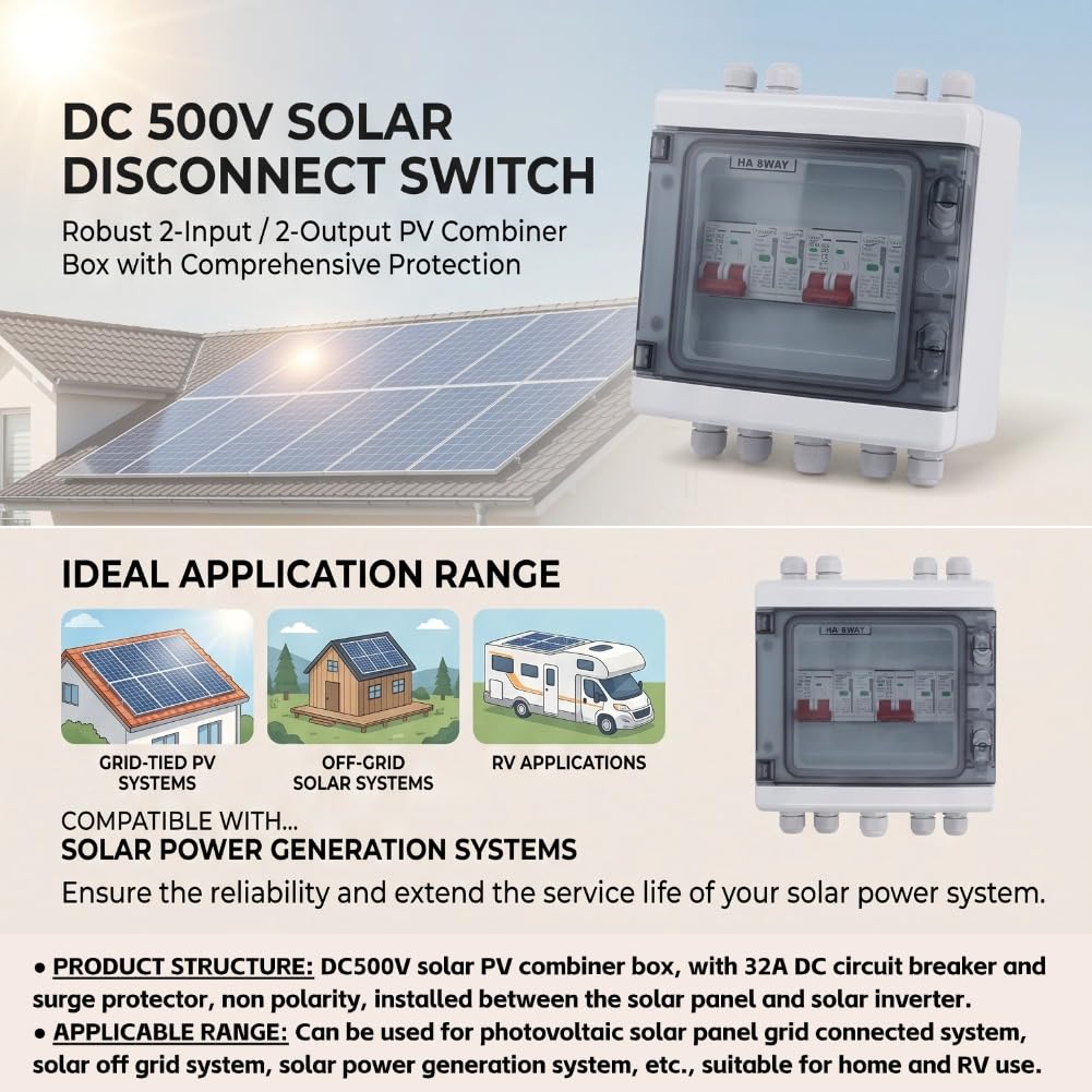 Interrupteur de Déconnexion Solaire DC500V 2 Entrées 2 Sorties, Boîtier de Combinaison PV de Protection contre les Surtensions, étanche IP65 avec Disjoncteur 32A DC et