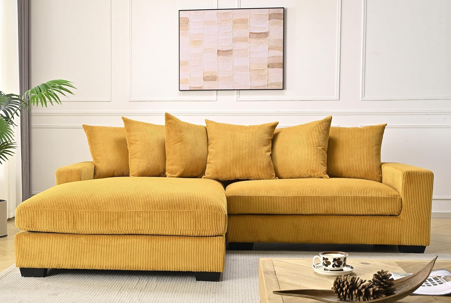 Container Furniture Direct Elegance Grand L-Shaped Sectional Sofa with Chaise, Plush Corduroy Upholstery, 102.4" Luxury Couch for Living Room, Ginger