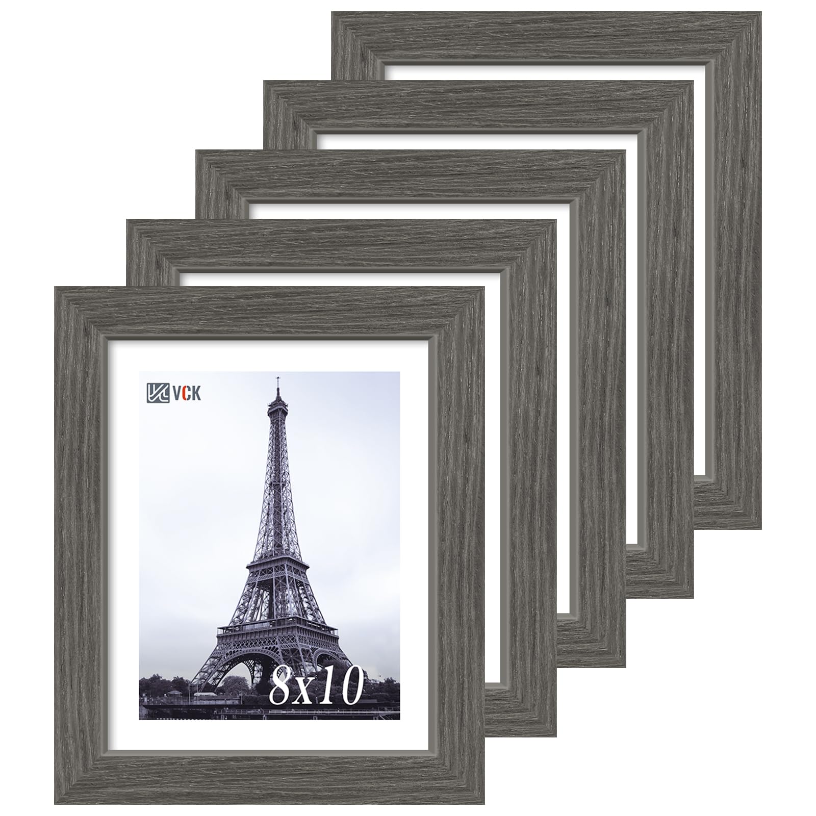 VCK 8x10 Picture Frame 5 Pack, Gray Solid Wood Frame, Exclusive Wood Grain, Wall Gallery Frame