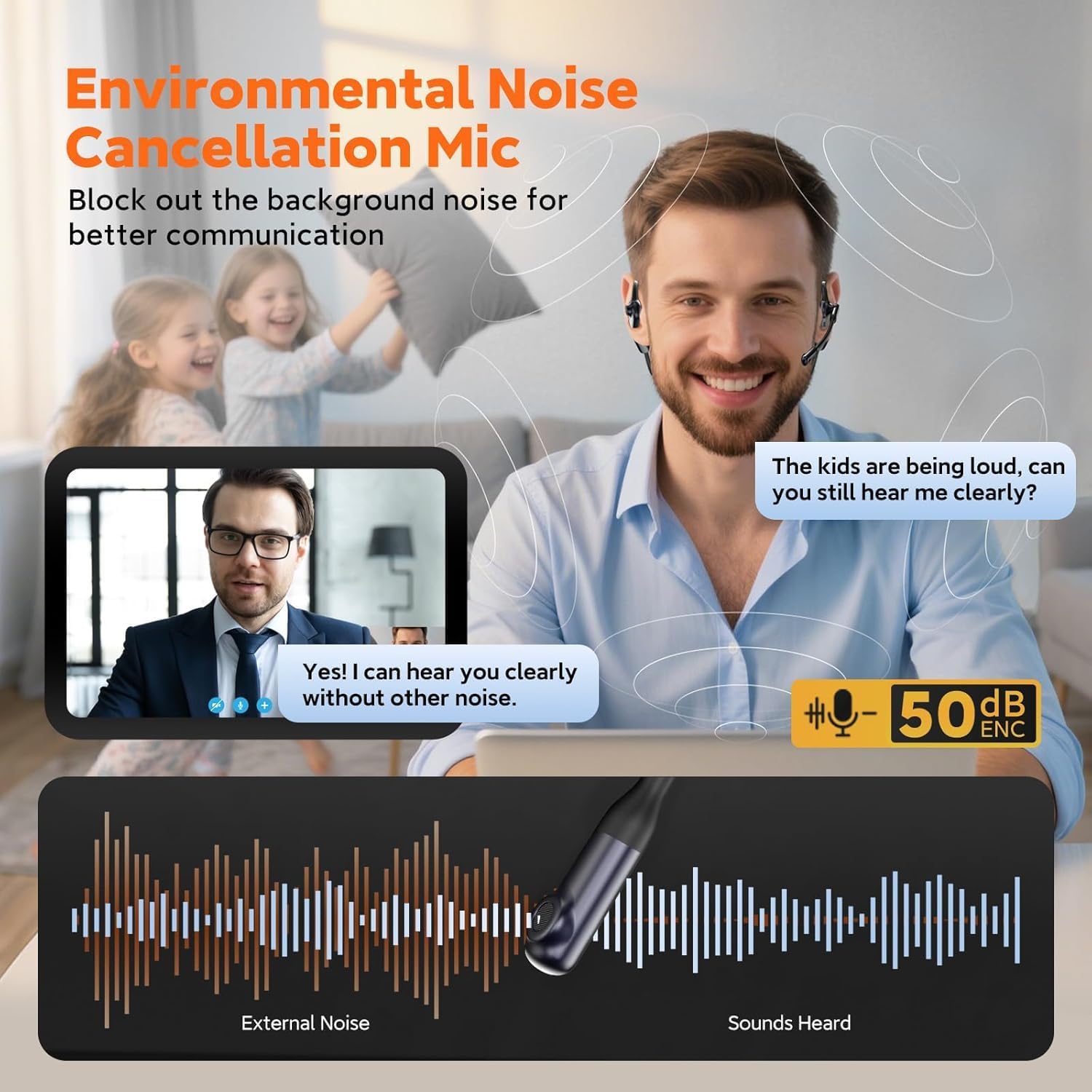 Wireless Noise Cancelling Headphones with Mic,Wireless Headset with Mic for Work(50dB ENC&Mute Button) Bluetooth Headset for Work from Home/Office/PC/Call Center/Laptop/Teams/Zoom/Trucker/Commute - Image 2