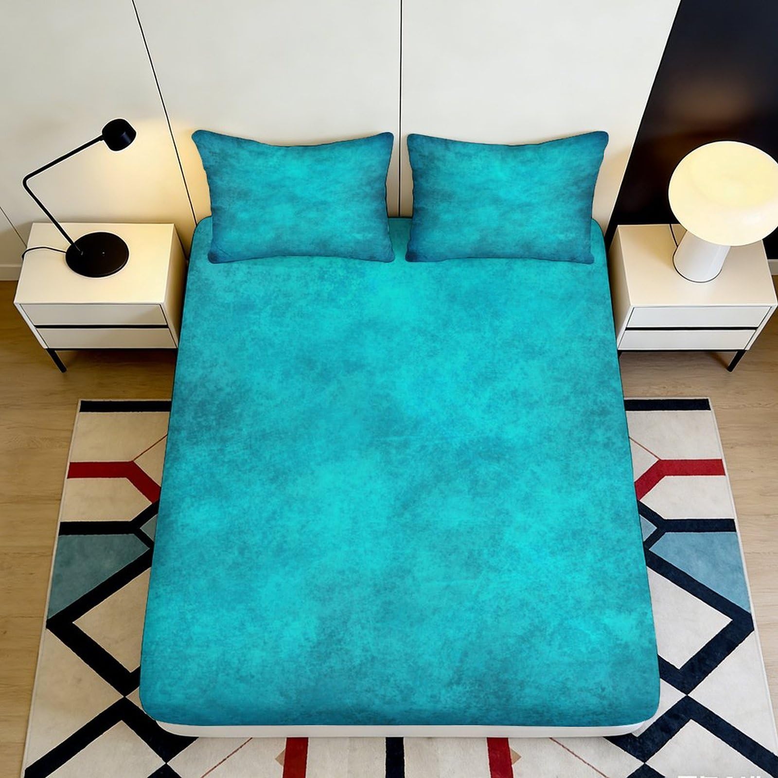 3D Printed Turquoise Watercolor Fitted Sheet Microfiber Soft Abstract Pattern Mattress Cover for Bedroom Guest Room Decor 90x200x25cm