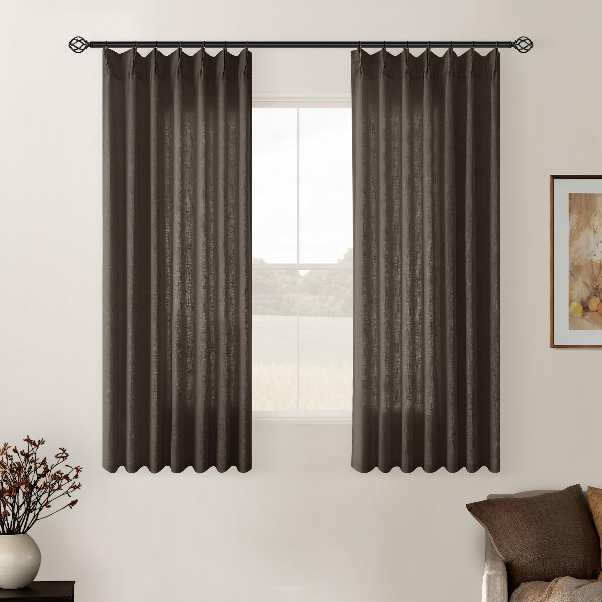 Dark Chocolate Pleated Linen Semi Sheer Curtains 45 Inch Length 2 Panels
