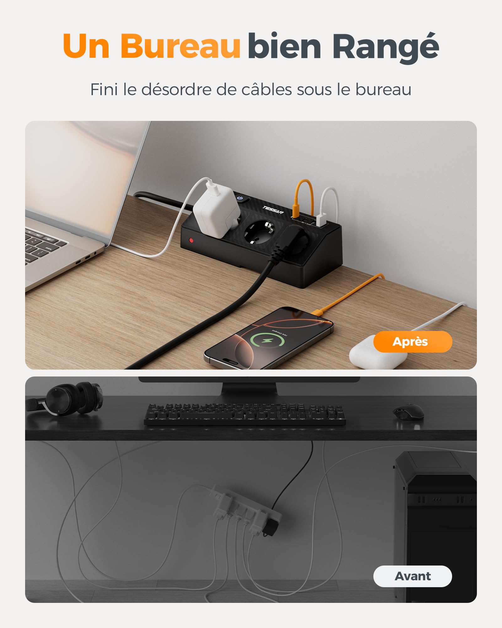 TESSAN Gniazdko stołowe z USB C (PD 20 W), z 3 gniazdami i 4 portami USB, listwa zasilająca 4000 W z zabezpieczeniem przed przeciążeniem i przedłużaczem 1,8 m, nadaje się do biura, czarna