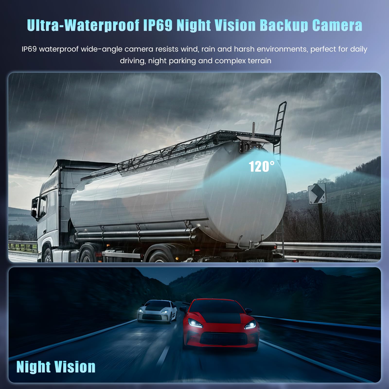 Hikity Cámara Trasera Coche Inalámbrica Magnética Solar 7'' IPS Monitor | IP69 Impermeable Camara Coche Marcha Atras Visión Nocturna Instalación Sencilla para Furgoneta Caravana Camiones