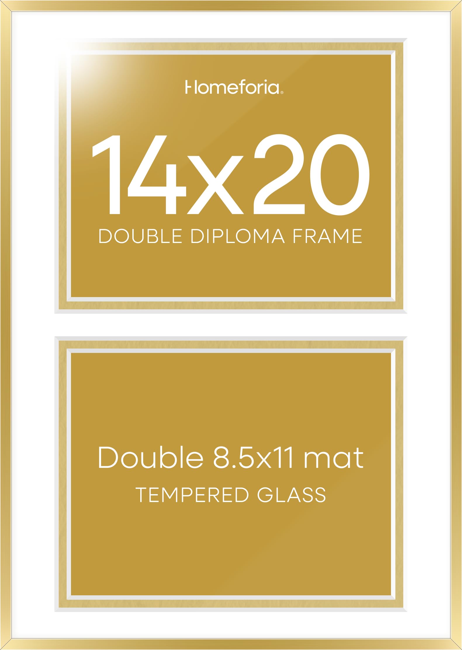 Homeforia 14x20 Double Diploma Frame Gold, High End Metal 14 x 20 Certificate Frames with Mat for Two 8.5x11 inch Diplomas, 20x14 Dual Award Graduation Matted Frame, Tempered Glass, Wall Kit, Set of 2