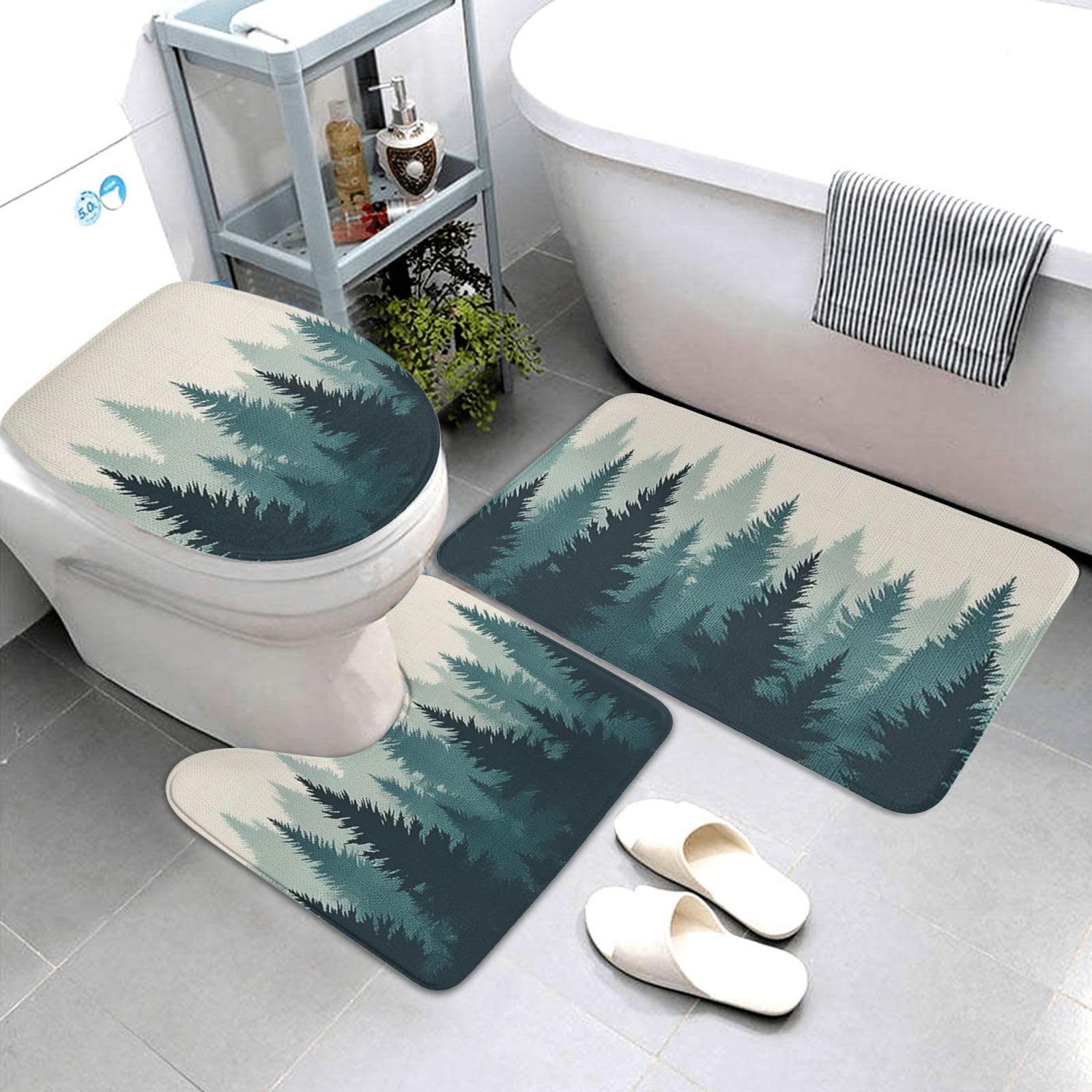 Misty Forest - Set di 3 tappeti da bagno in memory foam, morbidi e assorbenti, a forma di U, decorazione per la casa, asciugatura rapida